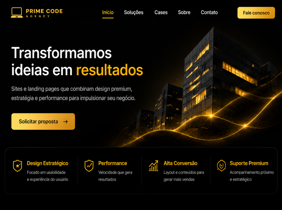 Depois: site premium e profissional criado pela Prime Code, com mensagem clara, visual sofisticado e CTAs bem posicionados