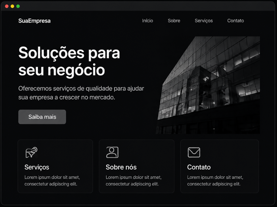 Antes: site genérico e amador, com visual sem identidade, oferta pouco clara e navegação confusa no celular